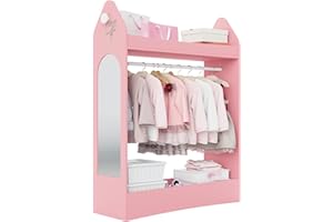 Hironpal Kid Dress Up Storage with Mirror Kids Wardrobe Dressing Up Rail Open Hanging Costume Armoire Closet Pretend Storage Organizer Children Clothes Center for Girl Bedroom (rocket,no drawer,pink)