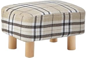 LEITING Footstool Footrest Foot Stool Ottoman Pouffe Padded Rectangle Seat Chair with Beech Wood Legs and Removable Linen Cover (Tartan-C)