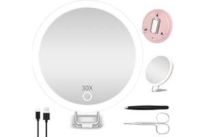 JADAZROR Miroir Compact LED Miroir grossissant 30X avec lumière, Miroir de Voyage 15cm avec grossissement, Miroir grossissant éclairé Rechargeable, Miroir de Maquillage Portable Cadeau