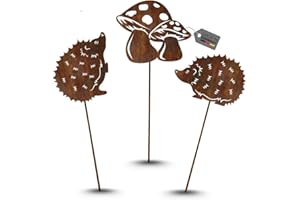 ‎TERMA Terma Stahldesign Rostfigur Gartenstecker Set Herbst Zwei Igel EIN Pilz mit Spieß 40-45cm tolle gartendeko aus Rost-Metall, deko rostoptik, Rostfiguren Tiere,