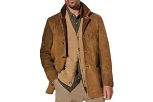 HESYSUAN Vestes vintage en daim pour hommes, blazer double couche à revers en fourrure, col en cuir, longueur moyenne, blazer d'extérieur pour l'automne et l'hiver