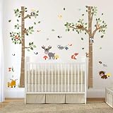 Stickers Muraux Forêt Animaux Decalmile - Autocollants Ours, Cerf, Renard Sur Bouleau - Déco Chambre Enfant 103x84cm