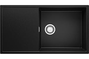 PRIMAGRAN Lavello da Cucina Nero 90x50cm, Lavandino in Granito a 1 vasca + Sifone Classico, Lavabo Incasso al mobile 60cm - Ibiza S034