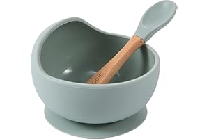 glitter&spice Set Ventouse pour Bébé Silicone, 2 Pièces, Set Repas pour Enfants, Inclus Bol, Cuillère, Compatible Lave-vaisselle, Micro-onde（SAGE