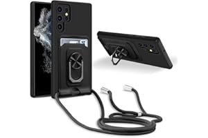 JMstore Handykette Schutzhülle Kompatibel mit Samsung Galaxy S22 Ultra,360° Ring Ständer magnetisches Eisenblech+Kartenfach Kameraschutz Stoßfester Silikon hülle-Schwarz