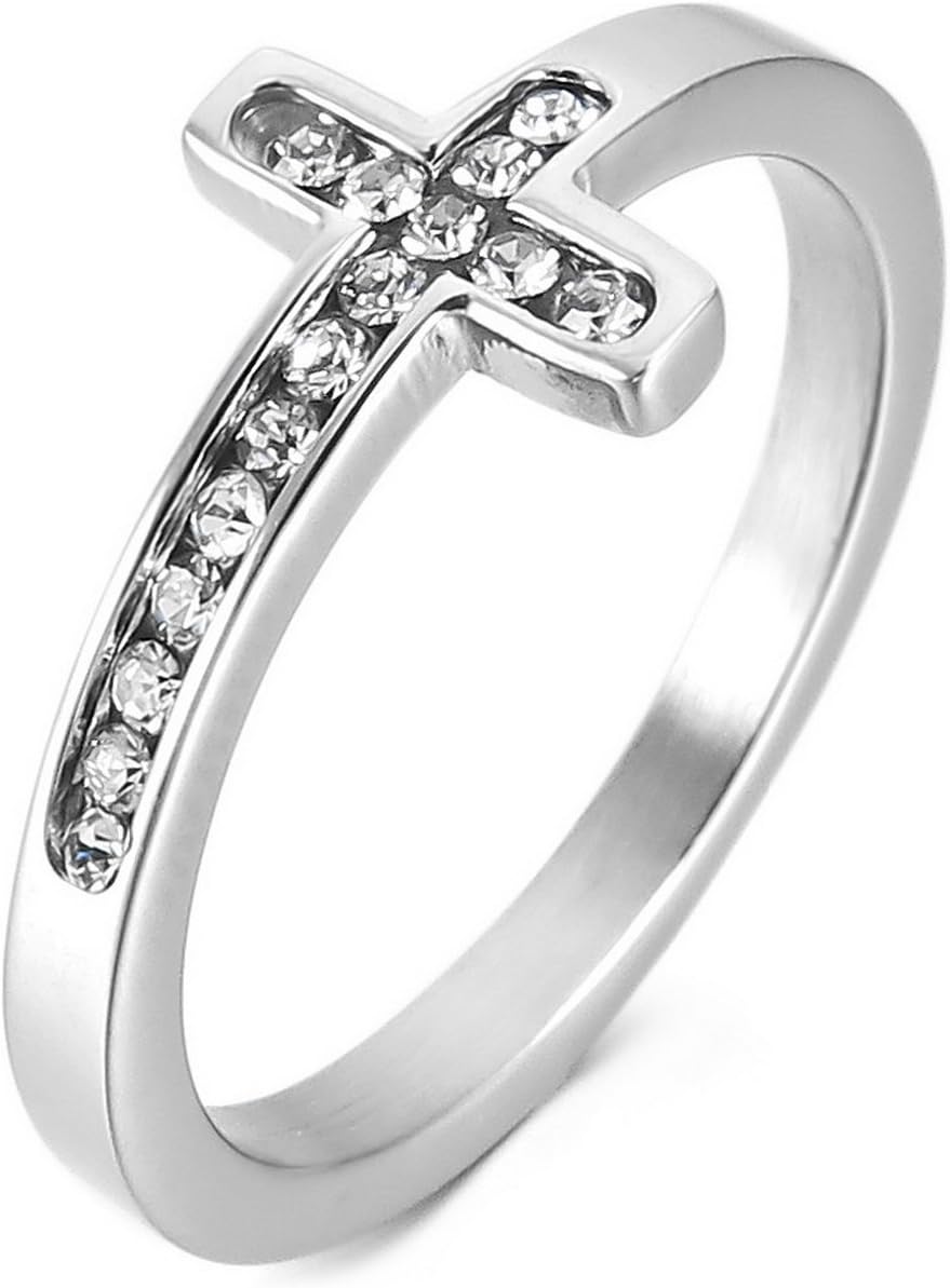 MunkiMix Stainless Steel Ring Band CZ Silver Tone Cross Wedding Women