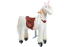 Ponnie Cavallo da equitazione con ruote Unicorn S (3-6 anni), cavallo da gioco per equitazione con sella marrone rimovibile e cavezza con briglia, criniera e coda, cavallo di peluche da equitazione