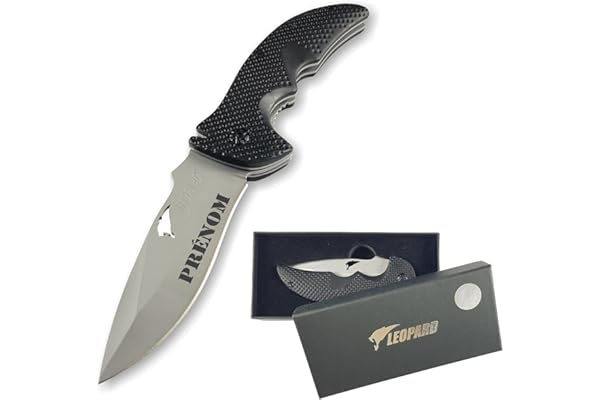 Gravure Events - Couteau Pliant Personnalisé Prénom Gravé LEOPARD - Cadeau pour Homme - Anniversaire, Fête des Pères, Noël, Pêcheur