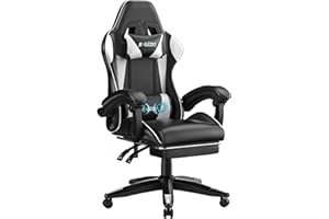 bigzzia Gaming chair with massage function, ergonomic gamer chair with footrest, headrest, lumbar cushion, height adjustment, tilt 90°-155°, gaming chair for gaming, work, relaxation (White)