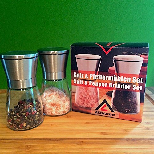 ALBARGO – Salzmühle – Pfeffermühle im 2er Set, manuelle Kräutermühle – Gewürzmühle mit Keramikmahlwerk verstellbar, für Gewürze Salz Pfefferkörner Meersalz Chili, Salz & Pfeffermühle Glas / Edelstahl - 8
