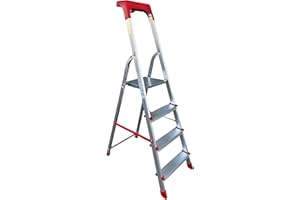 EACOMMERCE Scala Domestica in Alluminio Pieghevole Leggera Antiscivolo con Portaoggetti e Gancio Porta Secchio Scaletta Multifunzione (4 Gradini)