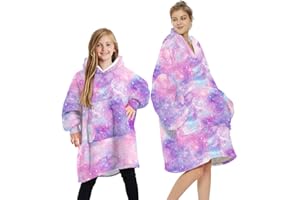 Seogva Blanket Sweatshirt Hoodie Fluffy Fleece Hoodie Blanket, Oversized Plush Hooded Top, Large for Adults Men Women and Small for Kids Boys Girls (Small, Galaxy - Purple)