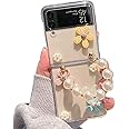 NALACAL Cute Case for Samsung Galaxy Z Flip 4 with Strap, Fashion Flower Case for Galaxy Z Flip 4 5G Protective Girls Case with Pearl Chain, Hard PC Case for Z Flip 4 Clear Case with Lanyard