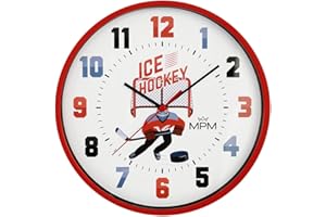‎MPM QUALITY MPM Design Children's Plastic Wall Clock, Made in the EU, Red/White, Children's Ice Hockey Motif, Quartz Clock, Modern Wall Decoration, Round Children's Clock, Diameter 250 x 20 mm, for Children's