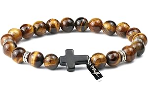 Raffici Natural Tiger Eye Lava Rock Bead Bracelet Black Agate Frosted Cross Rosary Meditation Prayer Jesus Bracelet Women Yoga Jewelry Balance Bracelet Anxiety Bracelet Women Men Teen Unisex Gift