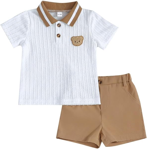 LUVCES Conjunto Verano Ropa para Bebé Niño Lindo Polo con Estampado de Oso + Cintura Elástica Pantalones Cortos y Bolsillos 2 Piezas Trajes de Primavera - 1