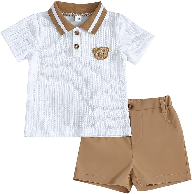 LUVCES Conjunto Verano Ropa para Bebé Niño Lindo Polo con Estampado de Oso + Cintura Elástica Pantalones Cortos y Bolsillos 2 Piezas Trajes de Primavera