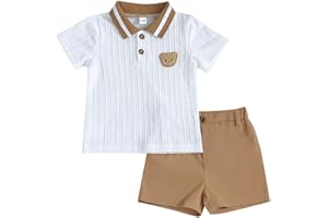LUVCES Conjunto Verano Ropa para Bebé Niño Lindo Polo con Estampado de Oso + Cintura Elástica Pantalones Cortos y Bolsillos 2 Piezas Trajes de Primavera