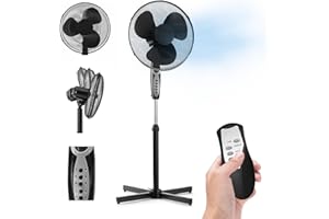 WINTEM Ventilatore A Piantana Potente Da 50W Per Pavimento Pale Da 40 Cm Silenzioso Con Timer 7 Ore 3 Velocità Oscillante Altezza e Inclinazione Regolabili E Telecomando per Controllo A Distanza Colore Nero