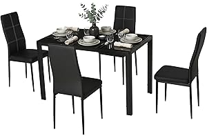 HOMCOM Conjunto de Comedor de Mesa y 4 Sillas 5 Piezas Juego de Muebles de Cocina Mesa Rectangular de Vidrio Templado y Sillas Tapizadas en PU con Patas de Metal Negro