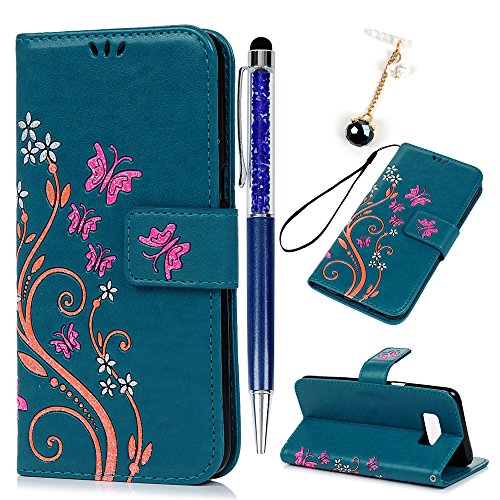 Lanveni Samsung Galaxy S8 Hülle, Handyhülle Galaxy S8 Flip Case Cover PU Lederhülle Schutzhülle Magnetverschluss Ledertasche mit Stander Function Brieftasche Card Slot Handy Tasche mit Bunte Schmetterling Cover Design (Blau)+ 1 x Stylus Pen + 1 x Staubdichte Stecker