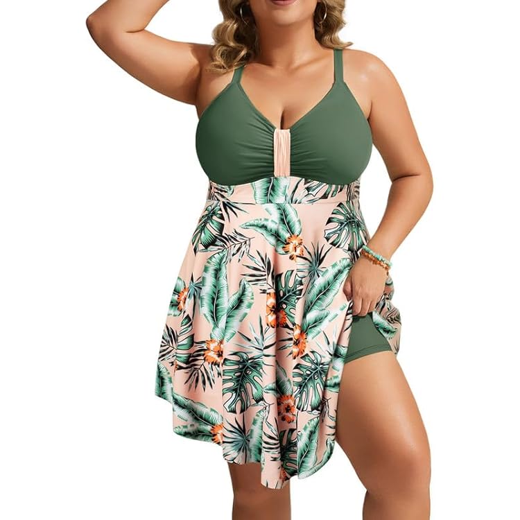 Ecupper Badpak voor dames, 1-delig, buikcontrole, figuurvormend, grote maat, push-up, gevoerd, elegant, Roze bloem, L