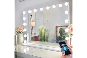 FENCHILIN Specchio trucco con Luci e altoparlante, Hollywood con 18 lampade a LED dimmerabili Porta di ricarica USB Grande per makeup, ingranditore 10x 80x58cm