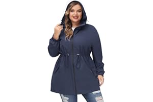 Hanna Nikole Chaqueta impermeable con capucha para mujer, talla grande, cortavientos, azul marino, 24 Plus