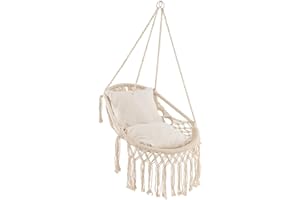 COSTWAY Silla Colgante Exterior/Interior con Flecos, Hamaca Colgante con 2 Cojines De Asiento Suaves, Cuerda y Cadena para Colgar, Columpio para Dormitorio, Patio, Patio Trasero, Máximo 150 Kg