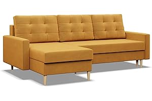‎MEBLIGO Mebligo - Ecksofa mit Schlaffunktion und Bettkasten BLANK, 223x88x140 cm, Universelles Eckcouch, Rechte oder Linke Seite Couch, Wohnzimmer Schlafsofa. L Couch mit Schlaffunktion - Gelb
