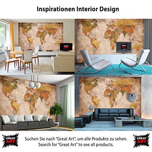 Fototapete used look Wandbild Dekoration Globus Kontinente Atlas Weltkarte retro old school vintage map Weltkugel Geografie I Foto-Tapete Wandtapete Fotoposter Wanddeko by GREAT ART (336 x 238 cm) - 4