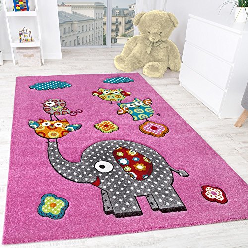 Children's Room Rug Cute, Colourful Animal World -Elephant Andowls Fuchsia Pink , Size:120x170 cm