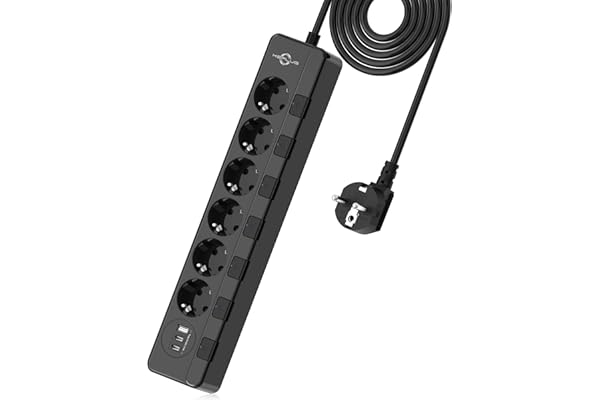 Multiprise Electrique (4000W/16A), KEPLUG Prise Multiple avec Interrupteurs Individuels a 6 Prises et 3 Ports USB (2.4A), Multiprise Parafoudre 500J avec 2M Cordon pour Maison Bureau