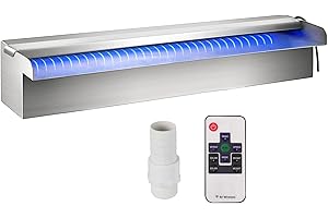 VEVOR Scarico a Cascata per Piscina 30x11,5x8 cm in Acciaio Inox con Striscia LED Colorata, Connettore per Tubo Flessibile, Telecomando, Resistente alla Corrosione per Laghetto, Giardino Esterno