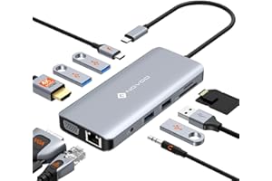USB C HUB Multiport Adapter, NOVOO 11 in 1 Laptop USB C Dock, 4K@60 HDMI, 4 USB-A Data Ports, SD/TF, 1Gbps Ethernet, VGA, 3.5mm Thunderbolt Docking Station Dongle for MacBook, Dell, HP, Lenovo,ASUS