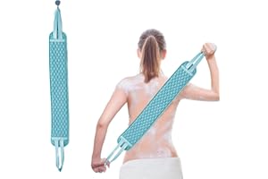 Goiern Szczotka do pleców, szczotka do ciała, 75 cm długości, szczotka do masażu pleców, peelingu, łazienki, z 2 uchwytami, pomoc pod prysznic (niebieska)