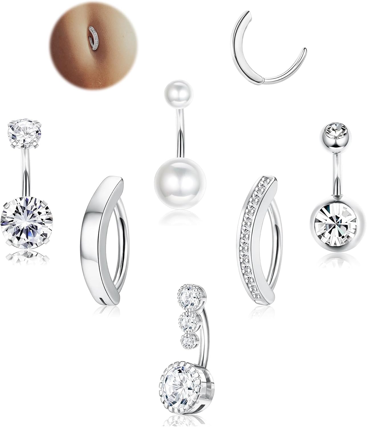 FIOROYAL 6Piezas Piercings Ombligo para Mujeres, 14G Piercing Ombligo Acero Quirurgico, Piercing Ombligo Oro/Plata, CZ Clicker Chapados Piercing Ombligo