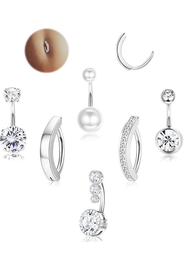 6 Piercings Nombril 14G Acier Chirurgical FIOROYAL - Styles Variés, CZ, Perles, Pour Grossesse, Hypoallergénique