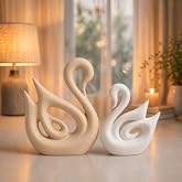 Elegant Swan Pair Showpiece for Home Decor Living Room | Love Birds Decorative Statue | Home Decoration Item for Bedroom, Off