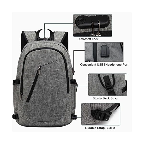 Anti-Theft Backpack, URMI Business Laptop Backpack with USB Charging Port Earphone Jack with Lock Water Resistant Bag Fits 15.6 inch Computer Daypack Rucksack for Work School College Student (Grey) - Image 3
