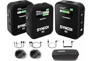 SYNCO G2(A2) bezprzewodowy system mikrofonowy 2,4 G z 1 odbiornikiem + 2 nadajnikami + 2 mikrofonami krawatowymi, zasięg transmisji 150 m, ekran TFT, wtyczka 3,5 mm, do smartfona, aparatu, nagrywania