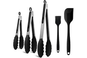 GUDEMOORE 5 Pièces Pince de Cuisine,Inclus 3 PCS Pince Silicone Air Fryer,un Spatules en Silicone et un Pinceau,avec languettes en silicone et poignées caoutchoutées,Pince Alimentaire Cuisine pour Barbecue