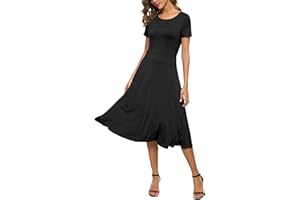 EXCHIC Mujeres Casual Sólida Cuello Redondo Midi Vestido Elástico Manga Corta Verano Vestido Largo