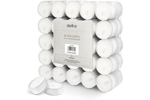 delka Unscented Tea Lights White-Long-Lasting 4 Hour Burn Time-Smoke-Free Bright Flame-Ideal for Weddings, Events, Aromatherapy, Home Décor, and Emergency Use-Premium Quality (White, 50 Pack)