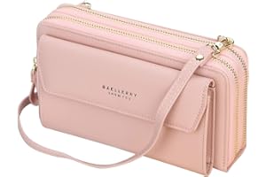 YIXUAN LLC Sacs Femme Pochette Portable pour Téléphone avec Porte Cartes et 2 Fermeture Eclair Femme Portefeuille en Cuir PU avec Longue Réglables Bandoulière (Rose)