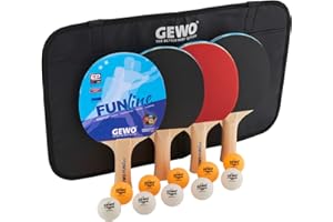 ‎GEWO GEWO Fun TIME Tischtennisschläger Set für Hobby und Freizeit mit 10 Tischtennis Bällen und Aufbewahrungstasche/ 4er Set/Ping Pong Set/Komplettschläger mit Noppen-Innen-Belag, Griff konkav