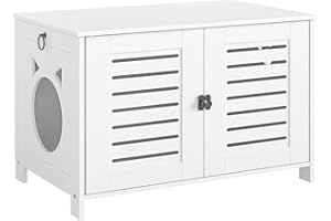 HOOBRO Szafka dla kotów, drewniana kuweta w stylu żaluzji do użytku wewnątrz, pudełko dla zwierząt domowych z 4 żelaznymi nóżkami, ładny kształt głowy kota jako wejście, kolor biały EWT60MW01