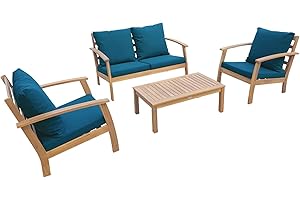 ALICE'S GARDEN sweeek - Salon de Jardin en Bois 4 Places - Ushuaïa - Coussins Bleu Canard. canapé. fauteuils et Table Basse en Acacia. Design