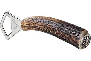 ‎HOLZ-LEUTE Flaschenöffner Hirschhorn, mit Griff aus echtem Horn, Kapselheber Tracht, versilberte Zierkappe mit Edelweißmotiv, ideal für Trachtler und Jäger sowie für ein uriges Zuhause