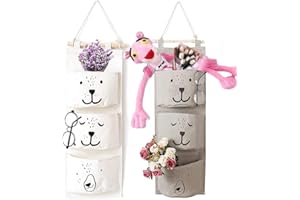 YANJINGHE Pack of 2 Wall Hanging Bag, Hanging Organiser, Waterproof Canvas Bag, Hanging Storage Bag, Hanging Bag, Storage Bag with 3 Pockets, for Children's Room, Bathroom, Bedroom (White, Grey)